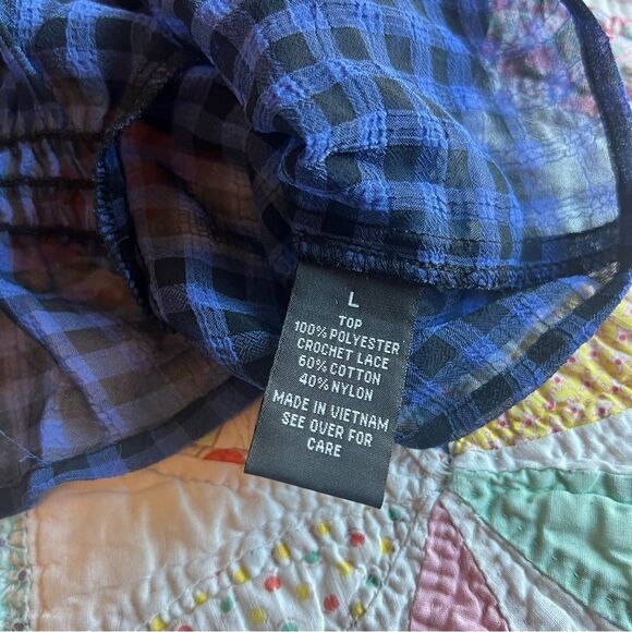 A. Byer NWT Blue Black Plaid Checkered Tie Front Button Up Lace Back Blouse Sz L - Picture 7 of 8